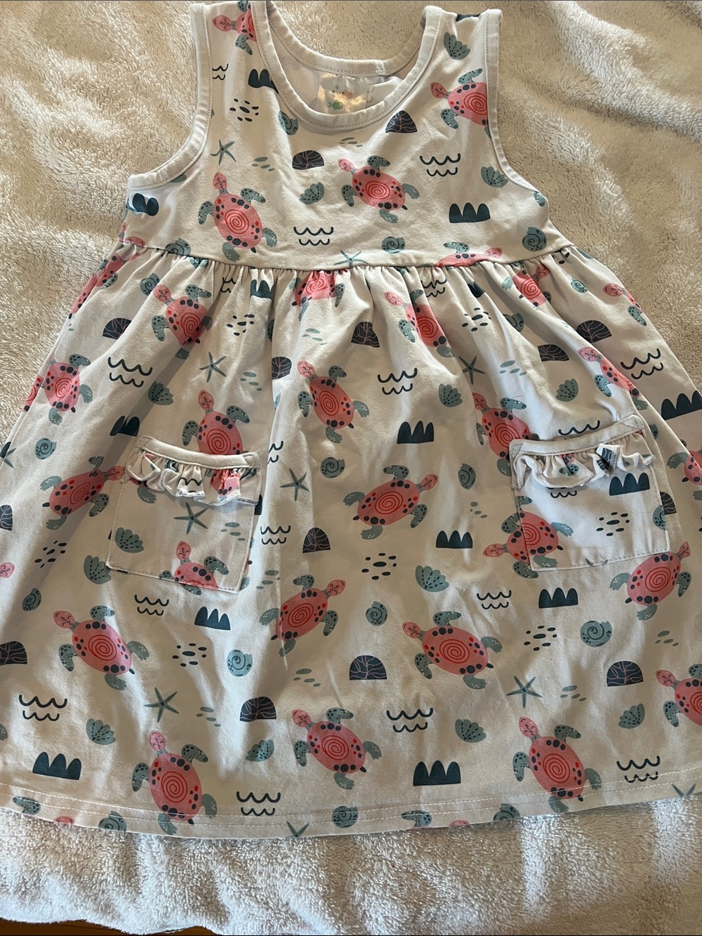 Girls' White Sleeveless Dress with Pink & Teal Turtle Print